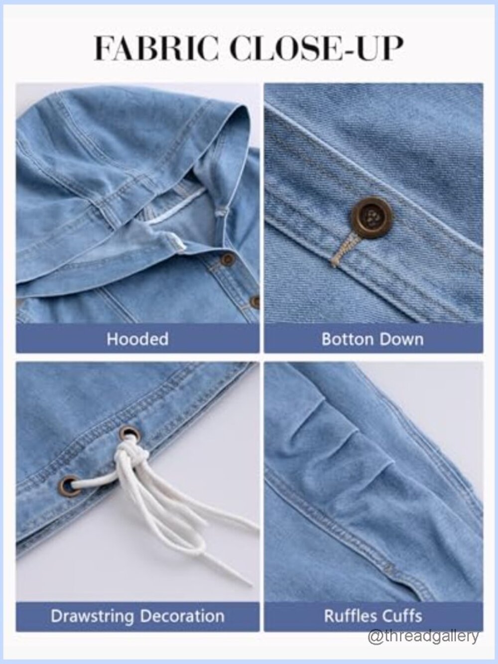 Women's Denim Hoodie Button Up Pullover Jacket Oversized Sweatshirt Top with - Picture 6 of 6